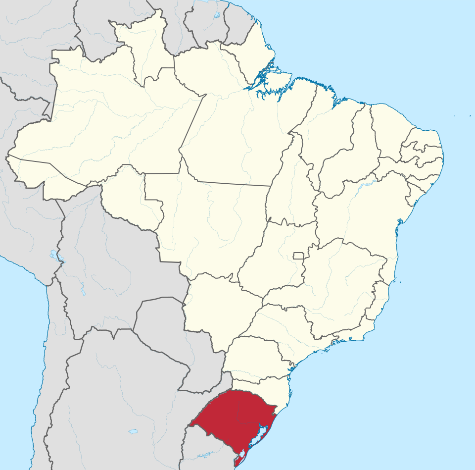 The state of Rio Grande do Sul highlighted in red on a map of Brazil.