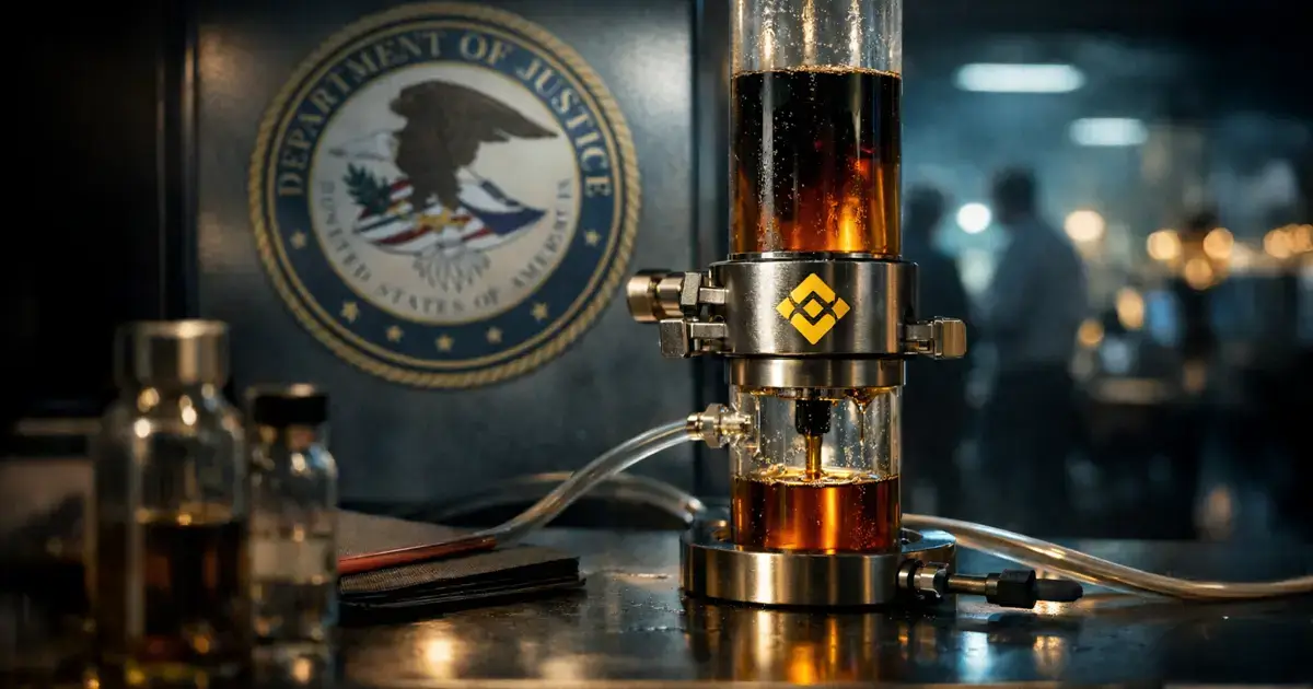 Binance-branded device with dark liquid in front of a Department of Justice seal, symbolizing renewed DOJ probe into Iran-linked crypto flows after the $4.3 billion settlement and CZ pardon