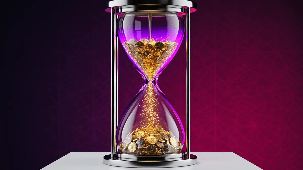 Modern hourglass with purple-magenta gradient lighting and flowing golden digital particles representing crypto regulation deadline