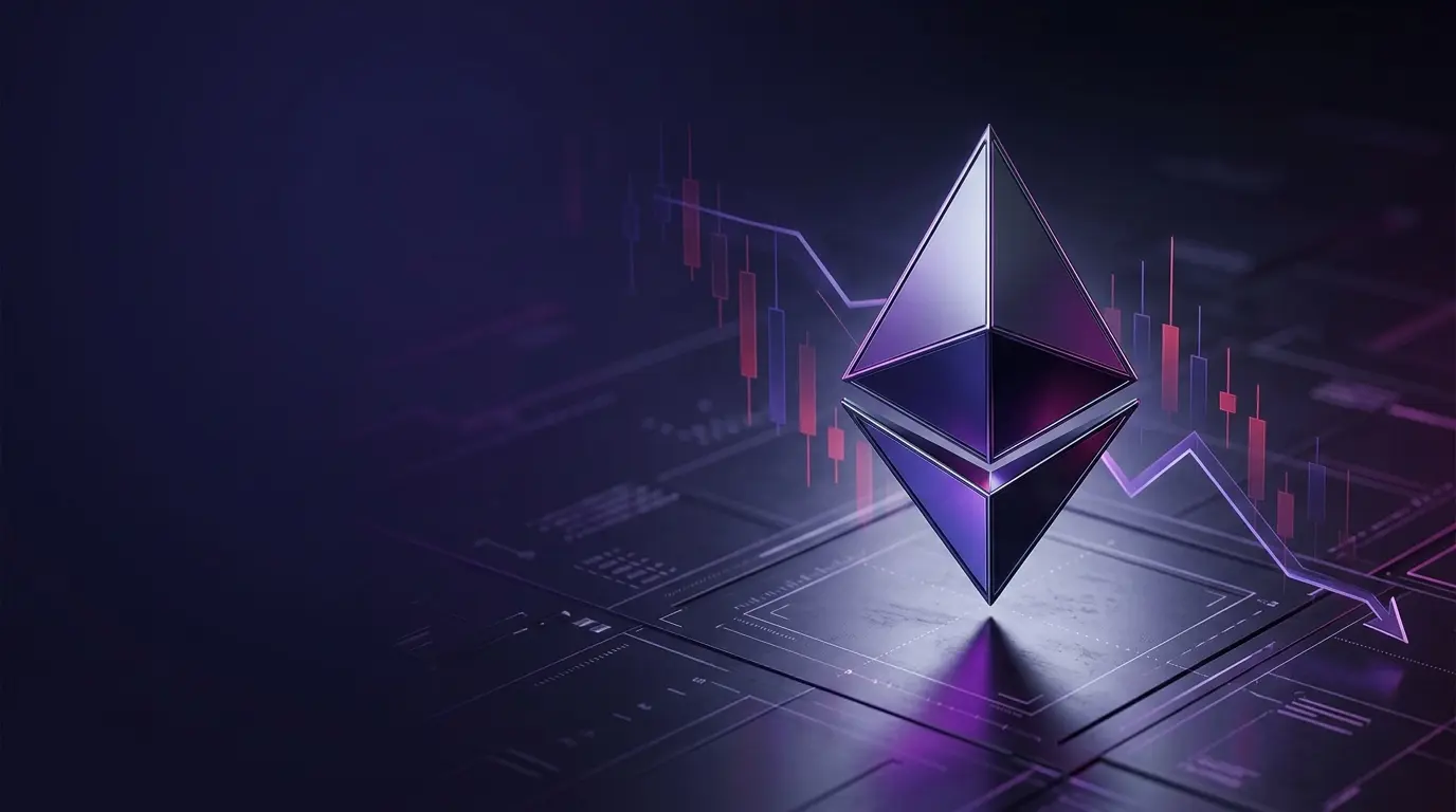Ethereum emblem above a descending market visualization, representing selling pressure near key support levels.