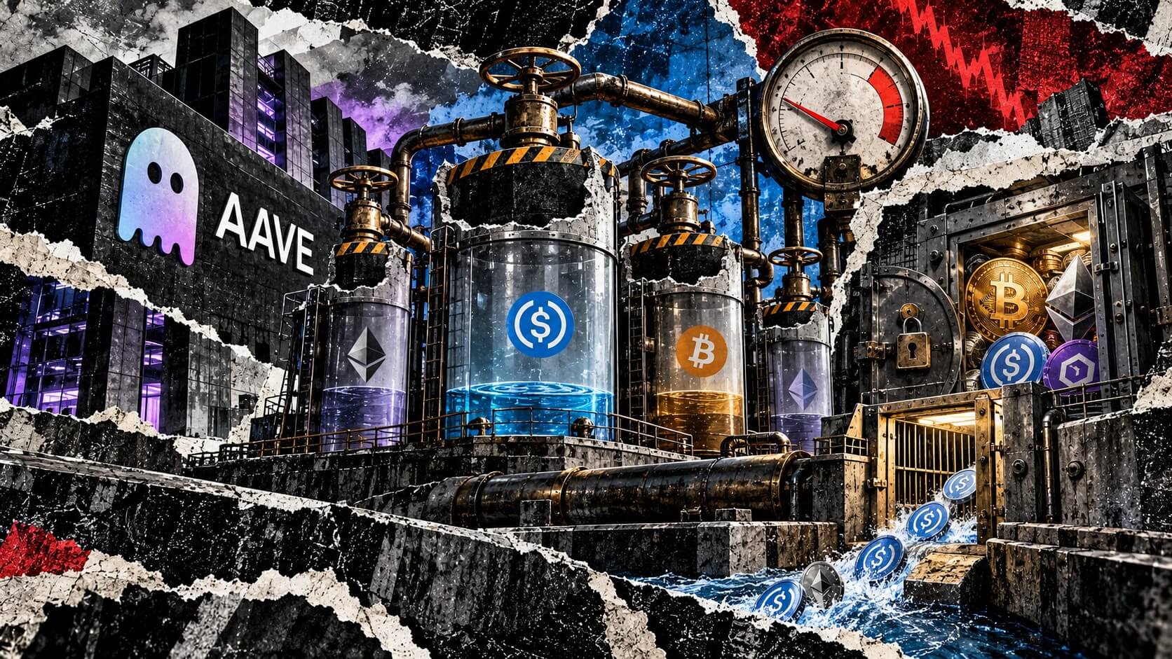 Editorial collage of Aave’s capped lending pools, reduced rate gauge, collateral vault and limited withdrawal liquidity.