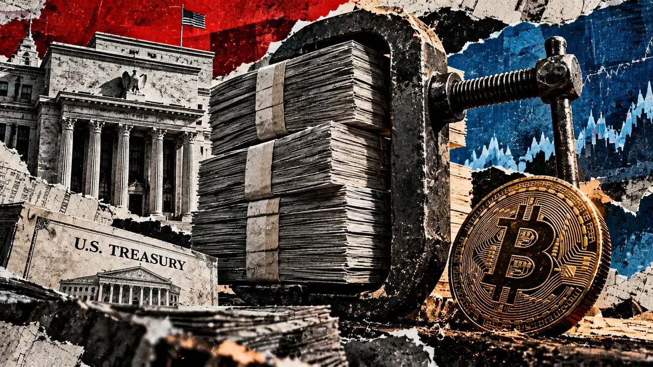 Editorial collage of bundled Treasury bills in a steel vise beside a Bitcoin symbol, Federal Reserve building, and financial charts.